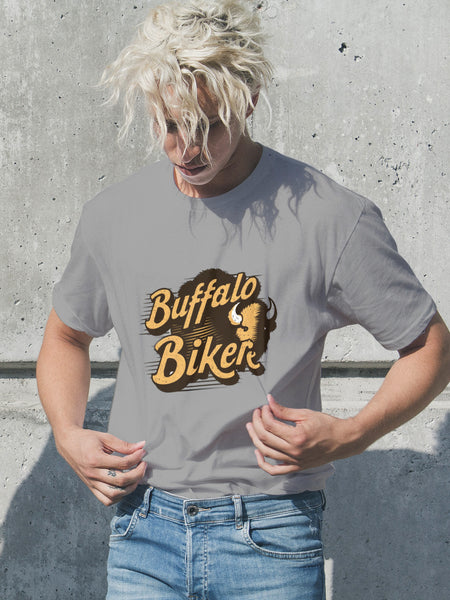 young man wearing a T shirt with the words "BUFFALO BIKER"
